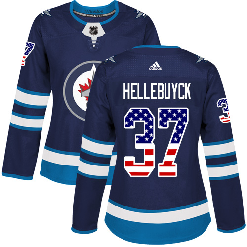 Adidas Jets #37 Connor Hellebuyck Navy Blue Home Authentic USA Flag Women's Stitched NHL Jersey - Click Image to Close